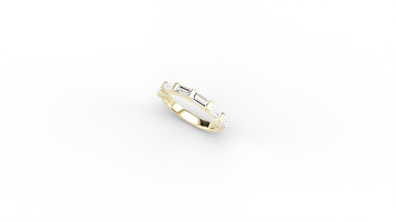Yellow gold ring with five baguette-cut diamonds set along the top, on a black background for emphasis and contrast.