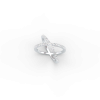 Two entwined silver rings with diamond pavé on a black background, forming a crossing design.