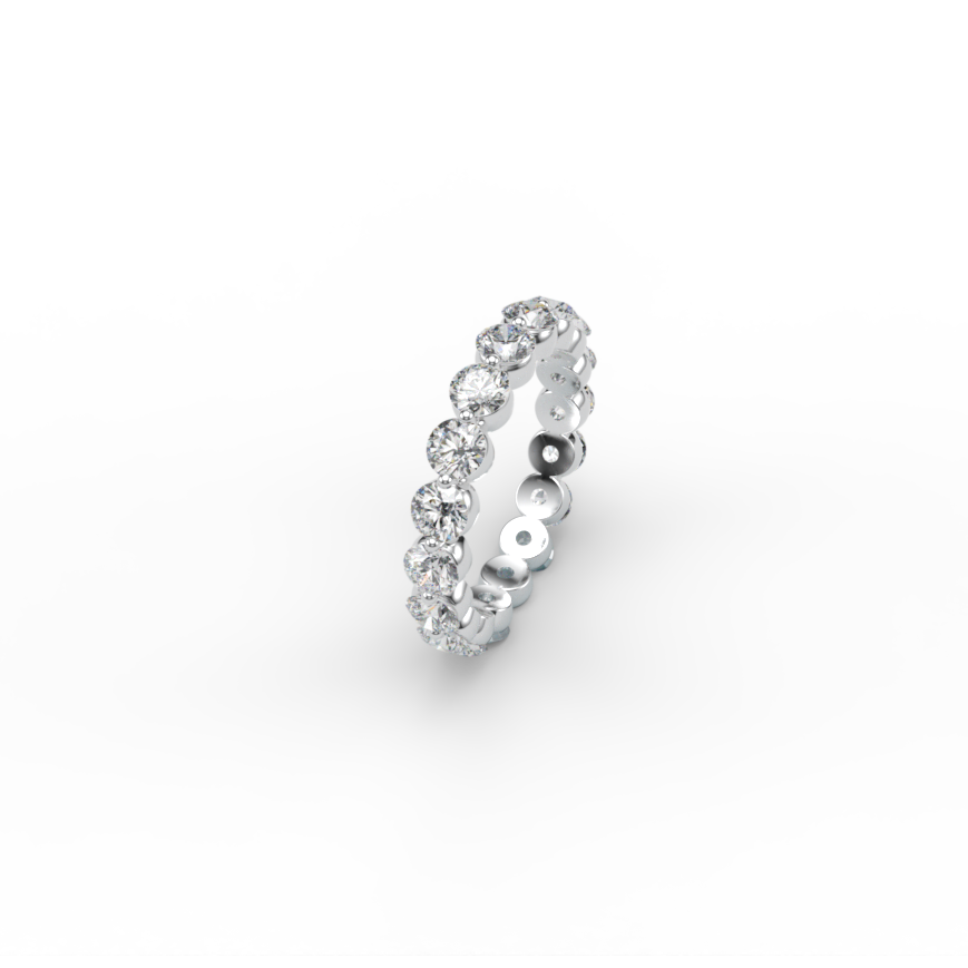 Diamond eternity ring with round-cut diamonds set in a white metal band on a black background