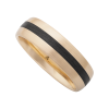 Gold-toned band with a central black satin stripe, a two-tone wedding-style ring viewed at an angle