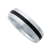 Silver-toned men's wedding band with a centered black stripe and brushed finish.