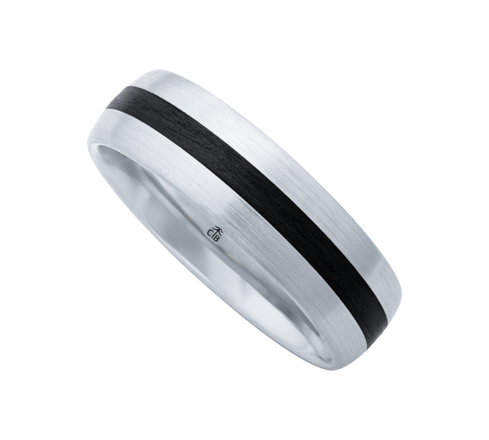 Silver-toned men's wedding band with a centered black stripe and brushed finish.